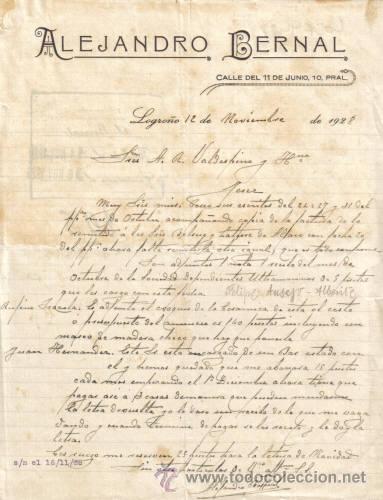 Cartas comerciales: LOGRO&Ntilde;O. 1928. CARTA COMERCIAL DE ALEJANDRO BERNAL. - Foto 1