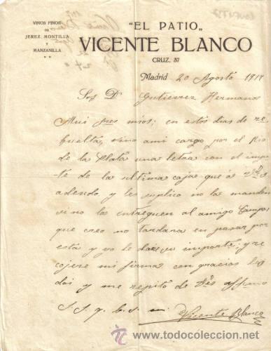 Lettres commerciales: MADRID. 1917. CARTA COMERCIAL DE VINOS FINOS. EL PATIO. VICENTE BLANCO.