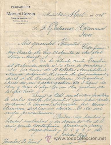 Lettres commerciales: MADRID. 1925. CARTA COMERCIAL DE PESCADERIA. MANUEL GARCIA.