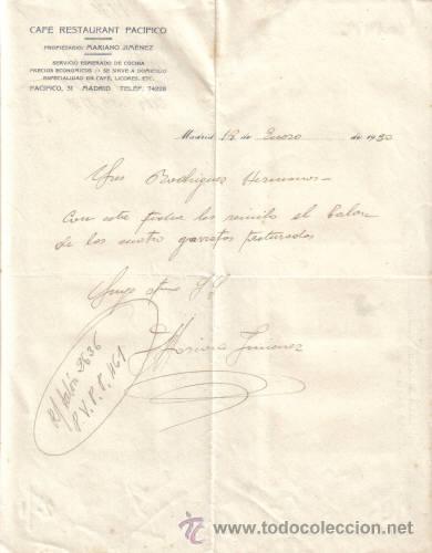 Gesch&auml;ftsbriefe: MADRID. 1930. CARTA COMERCIAL DE CAFE RESTAURANT PACIFICO.