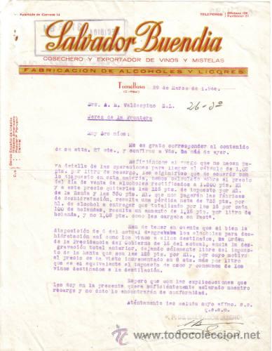 Commercial Letters: TOMELLOSO ( CIUDAD REAL). 1944. CARTA COMERCIAL DE FABRICACION DE ALCOHOLES. SALVADOR BUENDIA.