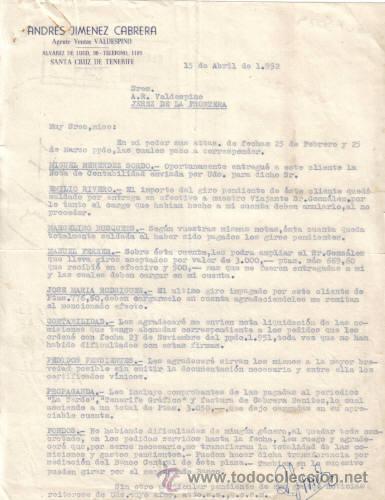Cartas comerciais: SANTA CRUZ DE TENERIFE. 1952. CARTA COMERCIAL DE AGENTE VENTAS. ANDRES JIMENEZ CABRERA.