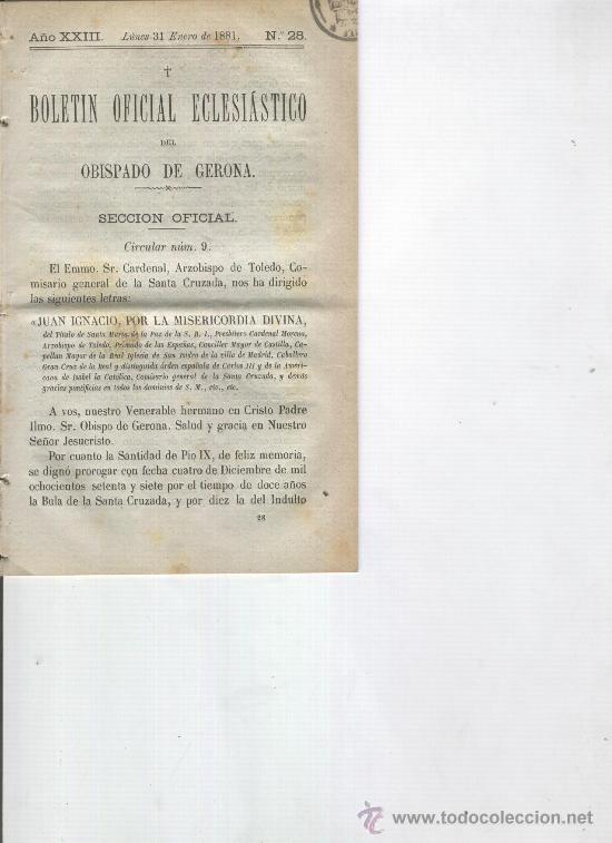 Commercial Letters: BOLETIN DEL OBISPADO DE GERONA. A&Ntilde;O 1880.CARTA DEL CARDENAL ARZOBISPO DE TOLEDO. CARDENAL MORENO.