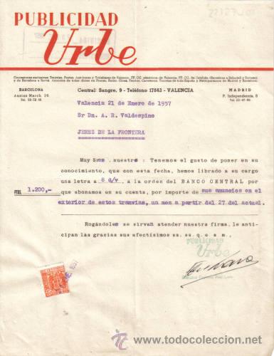 Lettres commerciales: VALENCIA. 1957. CARTA COMERCIAL DE PUBLICIDAD URBE.