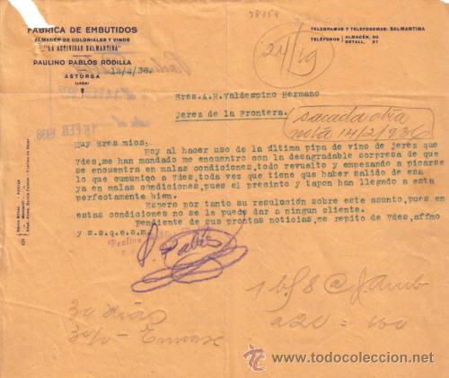 Lettres commerciales: ASTORGA ( LEON ). 1936. CARTA COMERCIAL DE FABRICA DE EMBUTIDOS. PAULINO PABLOS RODILLA.