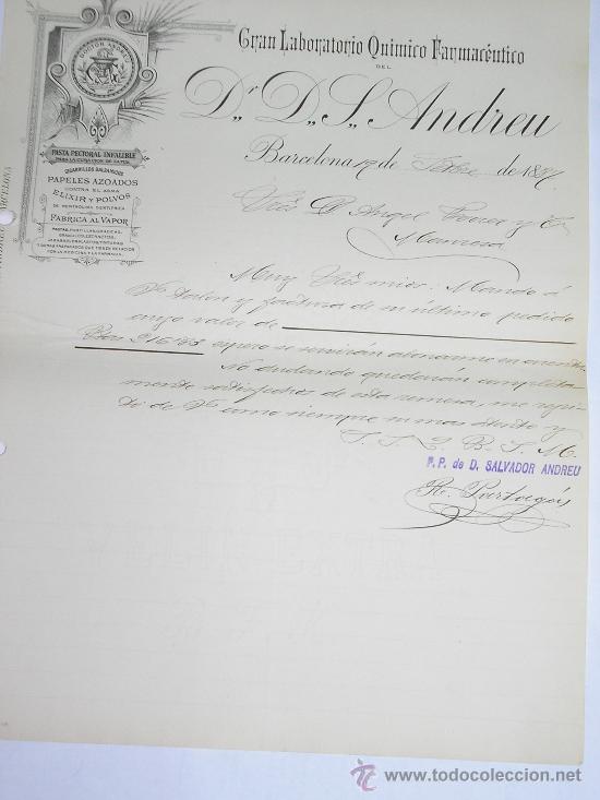 Cartas comerciales: GRAN LABORATORIO Dr. D.S.ANDREU     .A&Ntilde;O 1887 - Foto 1