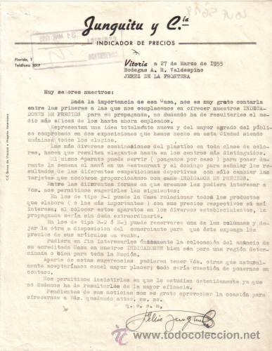 Lettere commerciali: VITORIA. 1955. CARTA COMERCIAL DE INDICADOR DE PRECIOS. JUNGUITU Y CIA.
