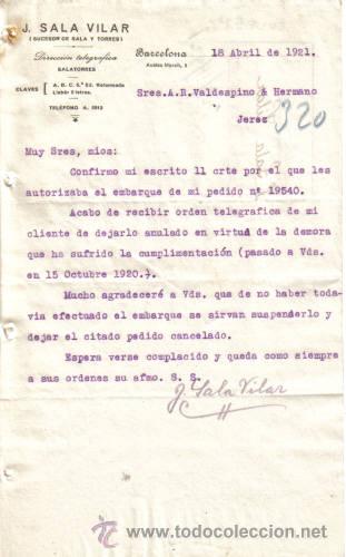 Cartas comerciais: BARCELONA. 1921. CARTA COMERCIAL DE J. SALA VILAR.