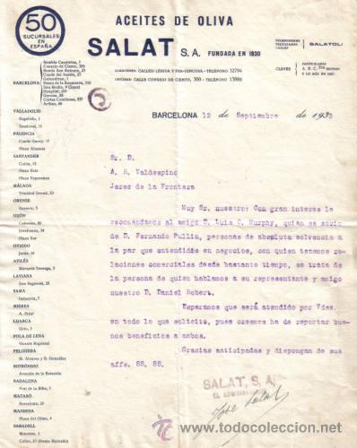 Cartas comerciais: BARCELONA. 1933. CARTA COMERCIAL DE ACEITES DE OLIVA. SALAT S.A .