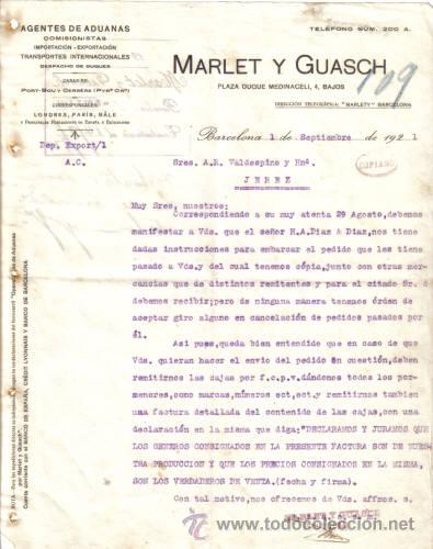 Cartas comerciais: BARCELONA. 1921. CARTA COMERCIAL DE AGENTE DE ADUANAS. MARLET Y GUASCH.