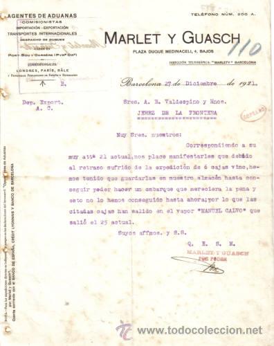 Cartas comerciais: BARCELONA. 1921. CARTA COMERCIAL DE AGENTE DE ADUANAS. MARLET Y GUASCH.