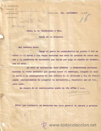 Cartas comerciais: BARCELONA. 1921. CARTA COMERCIAL DE A. HERRERO.