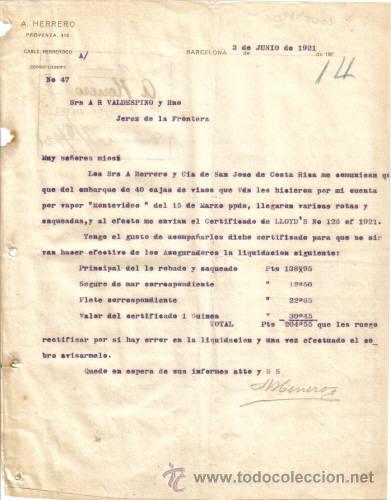 Cartas comerciais: BARCELONA. 1921. CARTA COMERCIAL DE A. HERRERO.