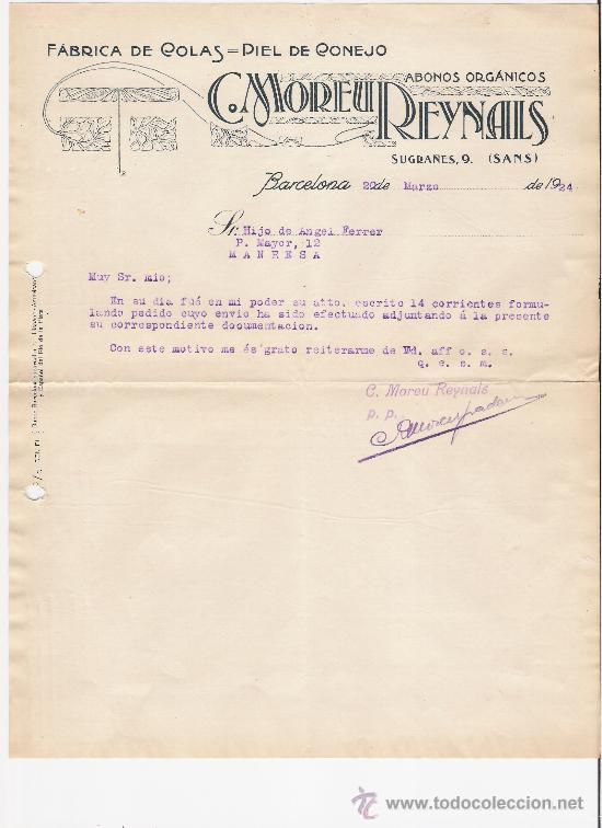 Cartas comerciales: C. MOREU REYNALS   *BARCELONA A&Ntilde;O 1924* - Foto 1