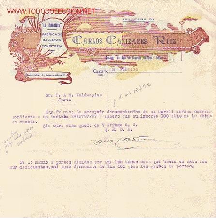 Gesch&auml;ftsbriefe: CARTA COMERCIAL DE CARLOS CA&Ntilde;IZARES RUIZ, FABRICA DE GALLETAS, CONFITERIA.