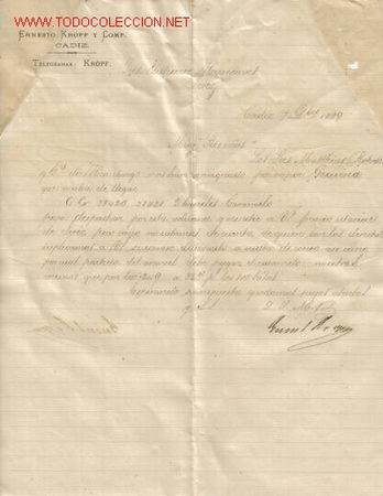Cartas comerciales: CARTA COMERCIAL DE ERNESTO KROPF Y COMP-.CADIZ - Foto 1