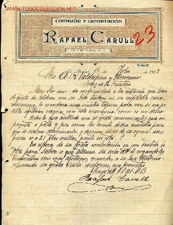Cartas comerciales: CARTA COMERCIAL DE RAFAEL CARRUL - COMISION Y EXPORTACION .LA BISBAL - Foto 1