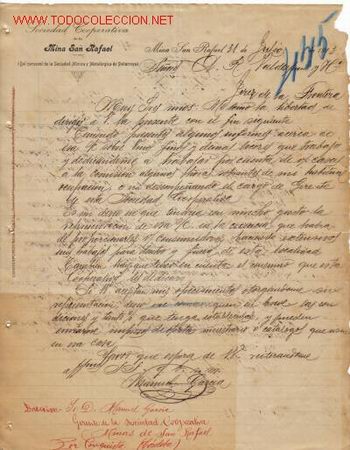 Gesch&auml;ftsbriefe: MINA  SAN RAFAEL (CORDOBA) - CARTA COMERCIAL DE LA SOCIEDAD COOPERATIVA DE LA MINA SAN RAFAEL