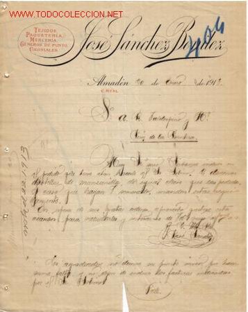 Gesch&auml;ftsbriefe: ALMADEN (CIUDAD REAL) - CARTA COMERCIAL DE JOSE SANCHEZ BENITEZ- TEJIDOS ,PAQUETERIAS MERCERIAS.....