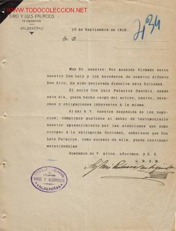 Gesch&auml;ftsbriefe: VALDEPE&Ntilde;AS (CIUDAD REAL) - CARTA COMERCIAL DE LUIS PALACIOS ,VINOS Y ALCOHOLES