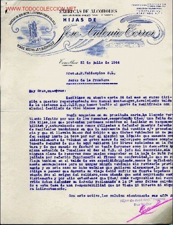 Gesch&auml;ftsbriefe: TOMELLOSO (CIUDAD REAL) - CARTA COMERCIAL DE LA FABRICA DE ALCOHOLES HIJAS DE JOSE ANTONIO TORRES