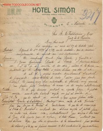 Lettres commerciales: ALICANTE, CARTA COMERCIAL DEL HOTEL SIMON, ( ANTES GRAN HOTEL ).