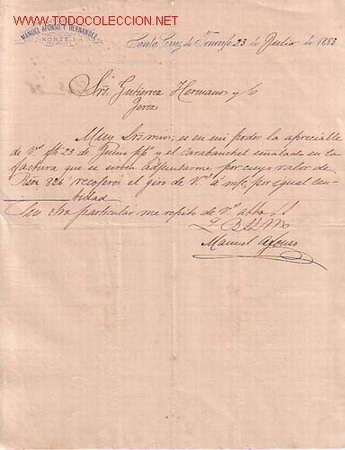 Cartas comerciais: SANTA CRUZ DE TENERIFE-CARTA COMERCIAL DE MANUEL AFONSO Y HERNANDEZ.