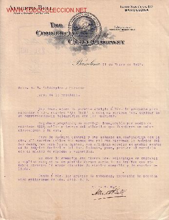 Cartas comerciales: BARCELONA-CARTA COMERCIAL DE COMERCIAL CABLE COMPANY DE ALBERTO BELL.