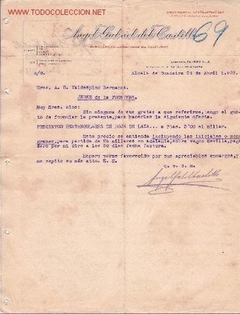 Cartas comerciales: ALCALA DE GUADAIRA, SEVILLA,CARTA COMERCIAL ANGEL GABRIEL DEL CASTILLO,ALMACENISTA EXP. DE ACEITUNAS