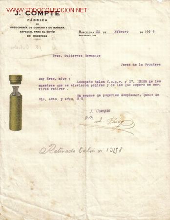 Cartas comerciales: BARCELONA. CARTA COMERCIAL DE J. COMPTE. FABRICA DE ESTUCHERIA DE CORCHO Y DE MADERA ESPECIAL PARA
