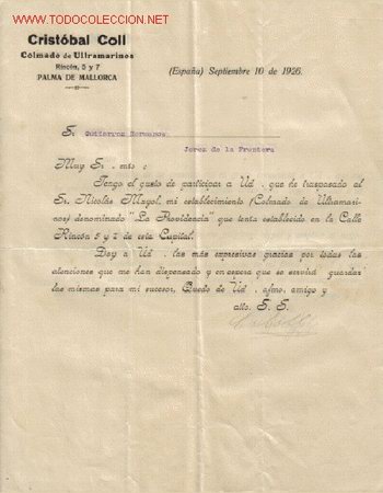 Cartas comerciales: PALMA DE MALLORCA - CARTA COMERCIAL DE CRISTOBAL COLL - Foto 1