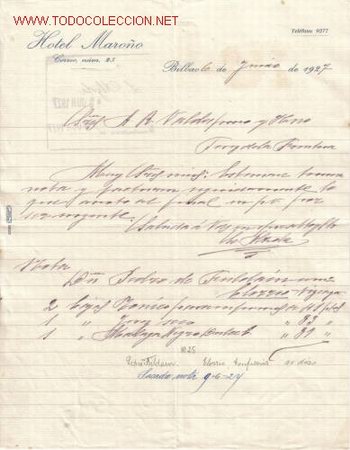 Cartas comerciales: BILBAO. CARTA COMERCIAL DEL HOTEL MARO&Ntilde;O. - Foto 1