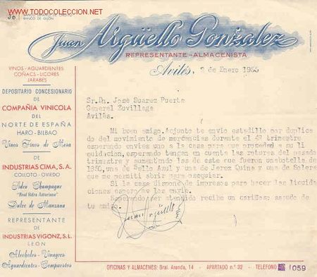 Gesch&auml;ftsbriefe: AVILES. CARTA COMERCIAL DE JUAN ARGUELLO GONZALEZ. REPRESENTANTE- ALMACENISTA. VINOS- AGUARDIENTES-