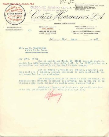 Cartas comerciales: ROCIANA (HUELVA). CARTA COMERCIAL DE CONCA HERMANOS, S. A. ALCOHOLES RECTIFICADOS. VINOS FINOS.