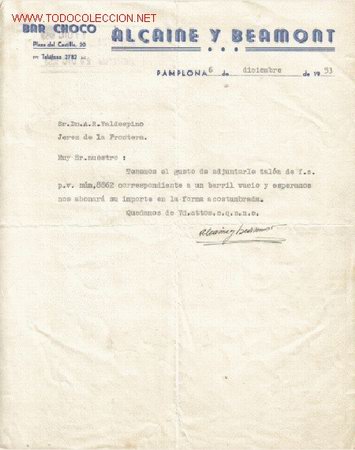 Cartas comerciales: PAMPLONA - CARTA COMERCIAL DE BAR CHOCO - Foto 1