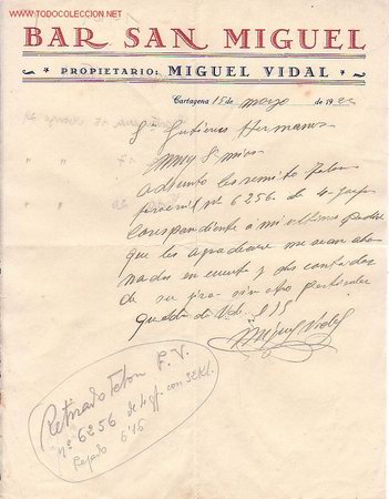 Cartas comerciales: BAR SAN MIGUEL, CARTAGENA, MURCIA. CARTA COMERCIAL DE MIGUEL VIDAL