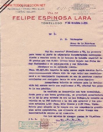 Commercial Letters: FABRICA DE ALCOHOLES, VINOS Y MISTELAS Y CO&Ntilde;AC SOLERA.TOMELLOSO, CIUDAD REAL, 1956. CARTA COMERCIAL