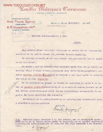 Gesch&auml;ftsbriefe: REPRESENTANTE DE ANIS BENITO Y VALDESPINO Y Hno., SEVILLA. CARTA COMERCIAL DE E. MARQUEZ CARMONA