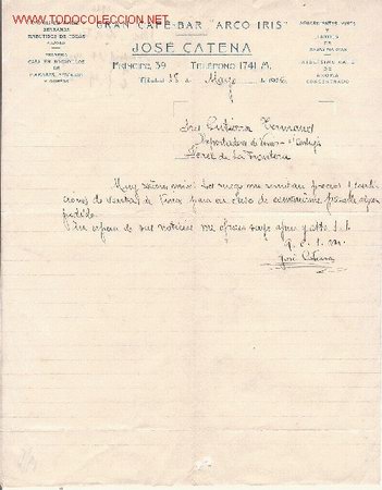 Gesch&auml;ftsbriefe: GRAN CAF&Eacute; - BAR ` ARCO IRIS &acute;, JAMONES DE AVILES, VINOS . MADRID, 1926. CARTA COMERCIAL DE J. CATENA