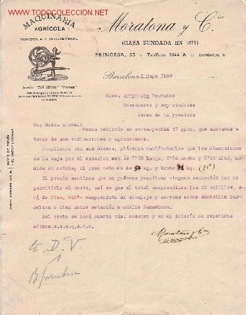 Cartas comerciales: MAQUINARIA AGRICOLA, VINICOLA E INDUSTRIAL. BARCELONA, 1926. CARTA COMERCIAL DE MORATONA Y C&ordf;.
