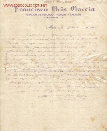Commercial Letters: MURCIA - CARTA COMERCIAL DE PESADOR DE PESCADOS FRESCOS Y SALADOS