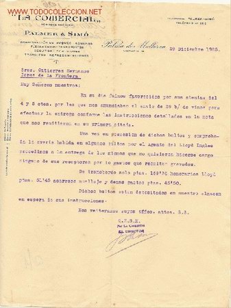 Lettere commerciali: CARTA COMERCIAL DE PALMER & SIM&Oacute; -LA COMERCIAL ,PALMA DE MALLORCA 29 DE DICIEMBRE DE 1925