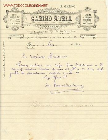 Lettere commerciali: CARTA COMERCIAL, CASA GABINO RUBIA, COMODAS HABITACIONES, BAENA, CORDOBA, 1926