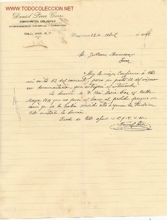 Gesch&auml;ftsbriefe: CARTA COMERCIAL DE DANIEL P&Eacute;REZ GARRO , PAMPLONA 18 DE ABRIL DE 1926
