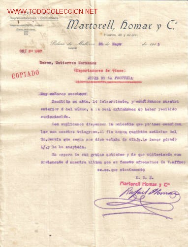 Lettere commerciali: PALMA DE MALLORCA. CARTA COMERCIAL DE MARTORELL, HOMAR Y C&ordf;. IMPORTACION: EXPORTACION.