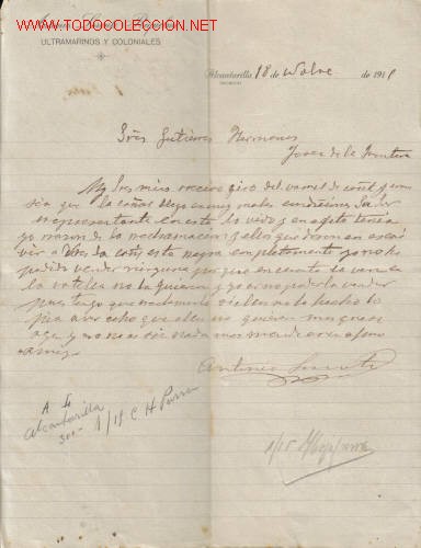 Lettres commerciales: ALCANTARILLA (MURCIA). CARTA COMERCIAL DE ANTONIO LORENTE RIQUELME. ULTRAMARINOS Y COLONIALES.