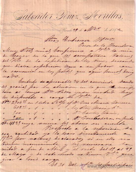 Gesch&auml;ftsbriefe: RONDA (MALAGA) 1892. CARTA COMERCIAL. SALVADOR RUIZ MORILLAS