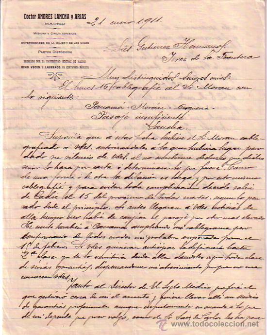 Gesch&auml;ftsbriefe: MADRID. 1911. CARTA COMERCIAL. DOCTOR ANDRES LANCHA Y ARIAS. MEDICINA Y CIRUJIA GENERALES.