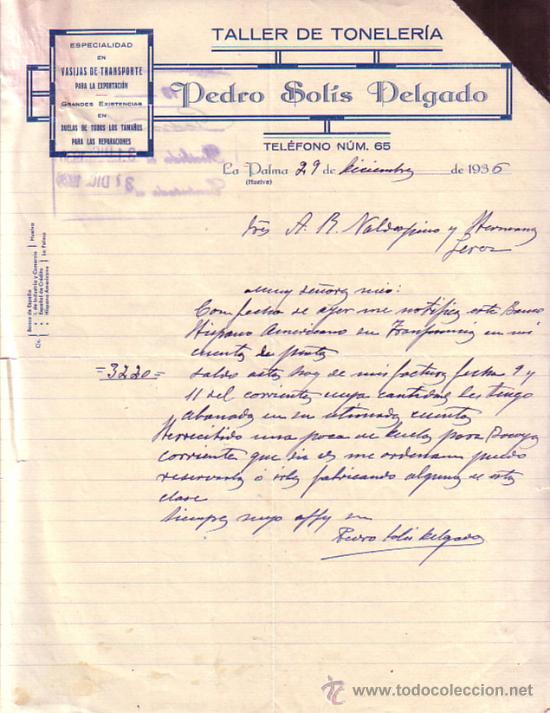 Cartas comerciales: LA PALMA (HUELVA). 1936. CARTA COMERCIAL. TALLER DE TONELERIA. PEDRO SOLIS DELGADO.