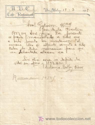 Gesch&auml;ftsbriefe: VELEZ ( MALAGA). 1925. CARTA COMERCIAL DE A B C. CAFE RESTAURANT.